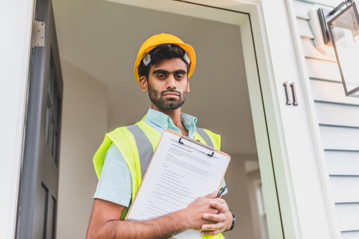 Tradesperson in a hard hat and safety vest holding a clipboard at a customer's front door