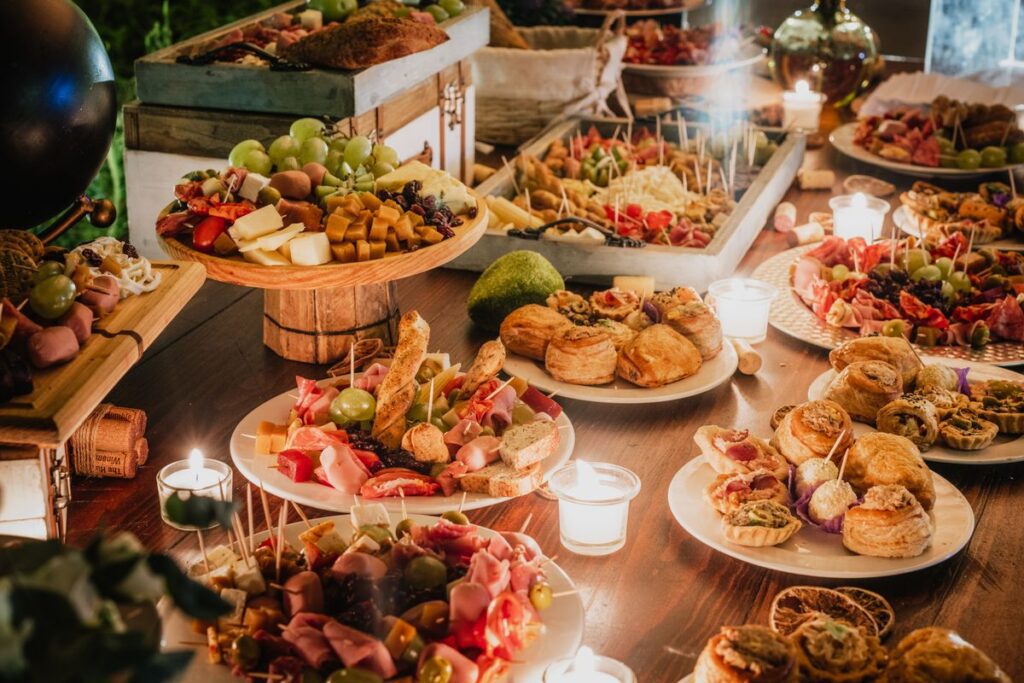 A catered spread laid out on a party table for guests