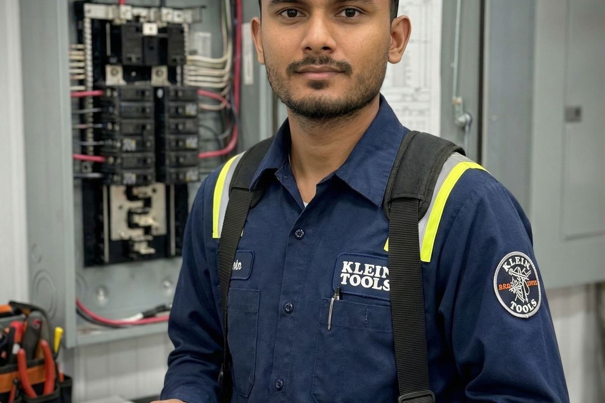 Electrician wearing safety gear testing circuit breakers with a meter