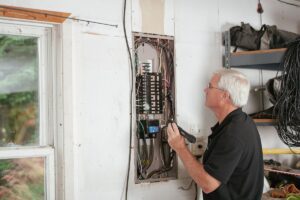Electrician examining a residential fuse box during a home safety check
