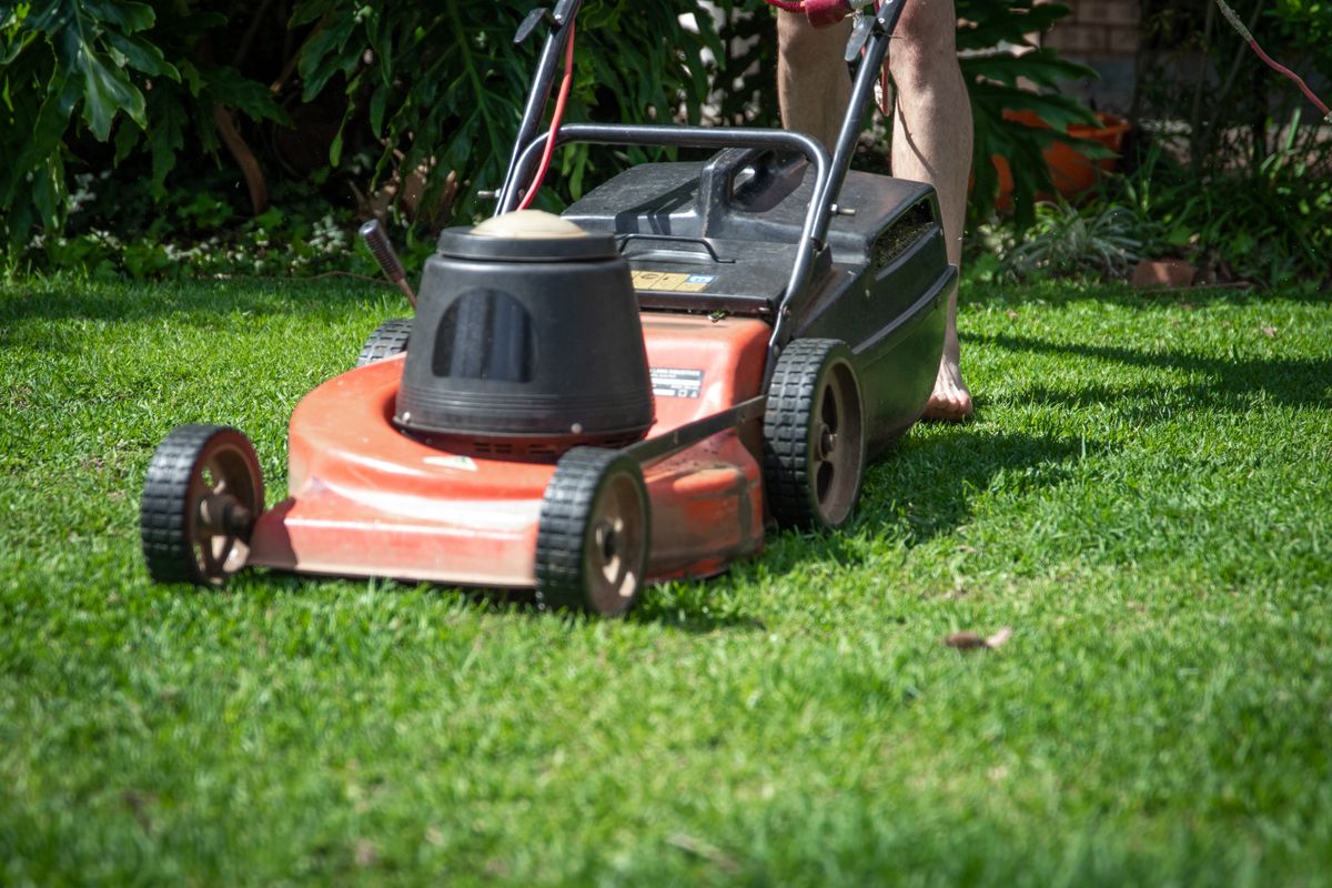A lawn mower on cut grass, the per-visit service most quotes are built around