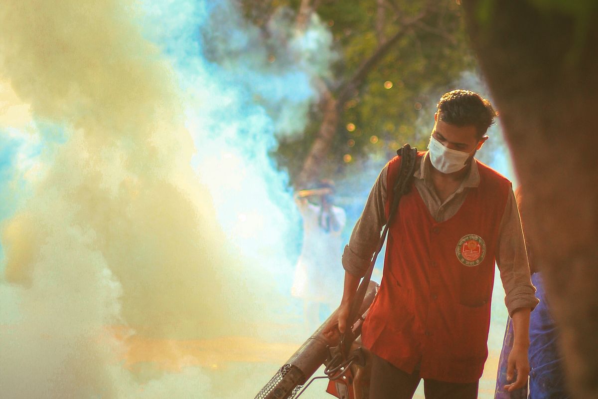 Worker carrying out mosquito fogging along a neighbourhood green space