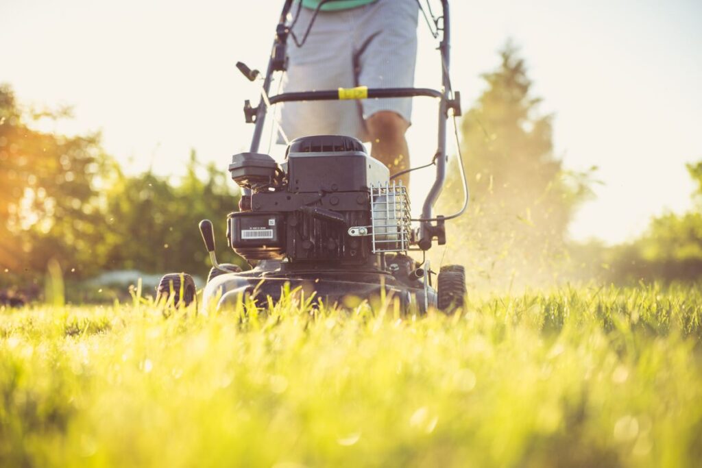 A lawn being mowed as part of a regular maintenance visit