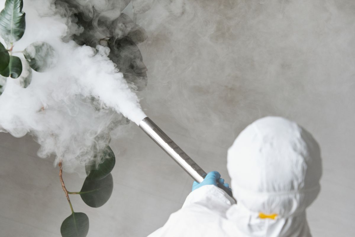 Pest control worker in protective clothing applying treatment indoors