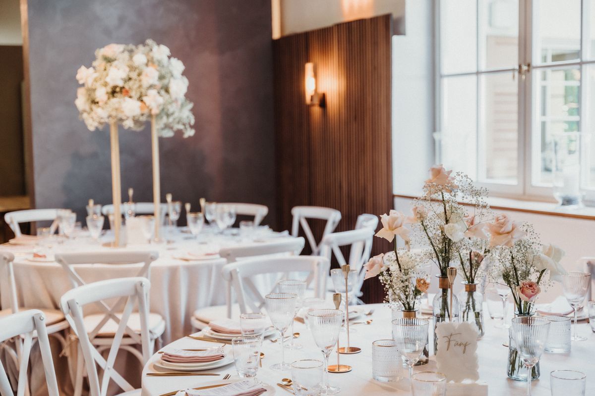 Wedding tables dressed with linens and centrepieces, often charged separately