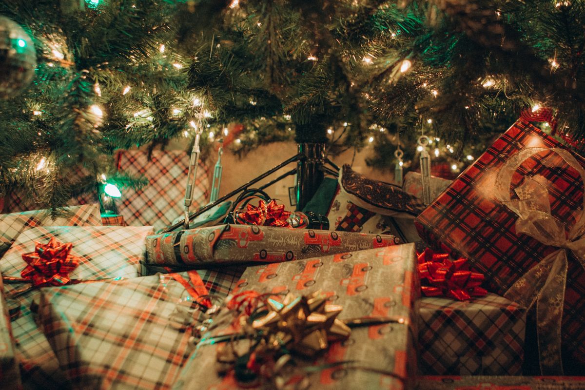 Holiday shopping bags and wrapped gifts