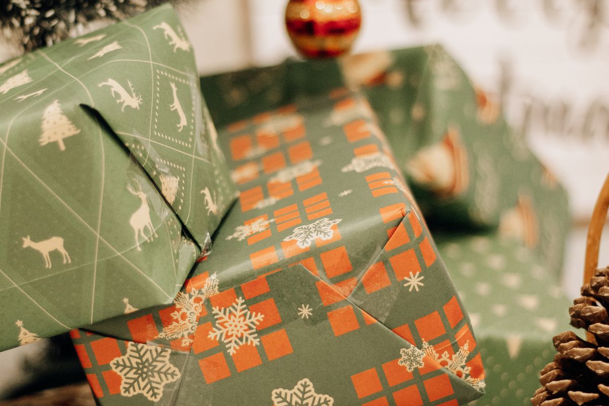 Gifts and decorations at a Christmas market stall