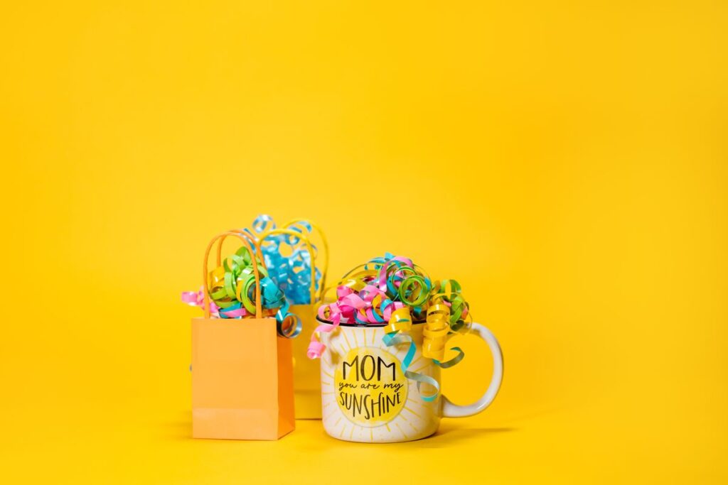Mother's Day gift and flowers on a table