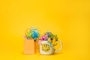 Mother's Day gift and flowers on a table