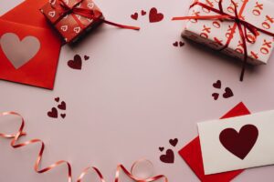 Wrapped Valentine's Day gift with flowers